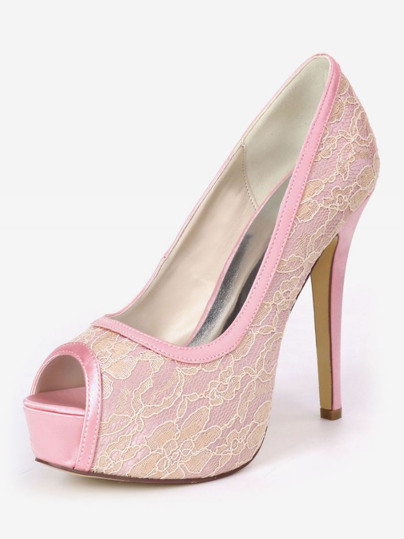 Bryllupspumper For Kvinner Brodert Peep Toe Plattform Brudesko - Rosa