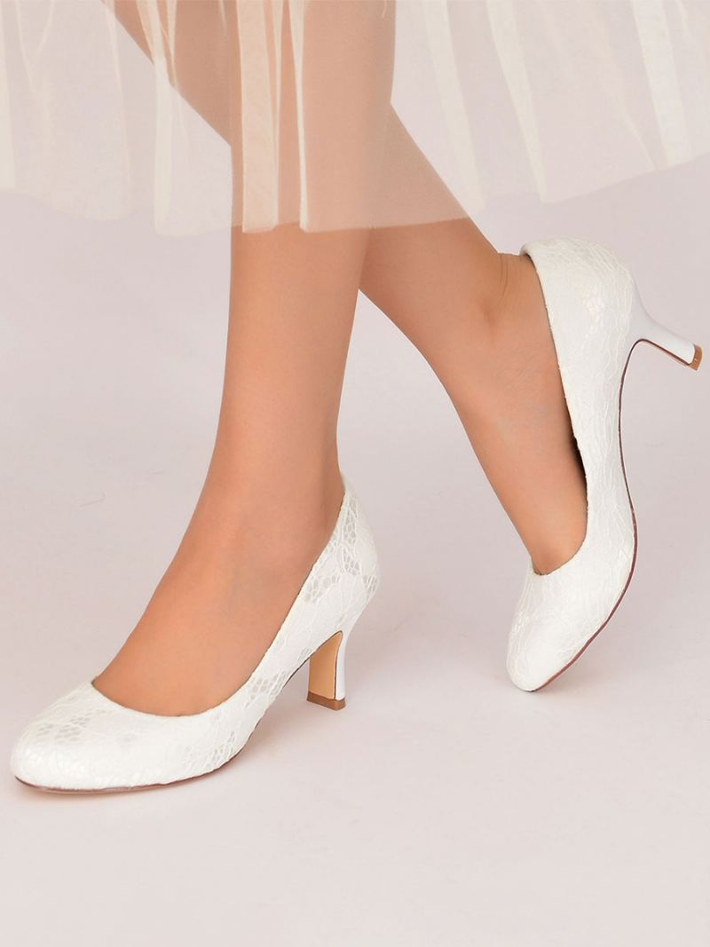 Bryllupssko For Kvinner Blonder Rund Toe Chunky Heel Pumps - Hvit