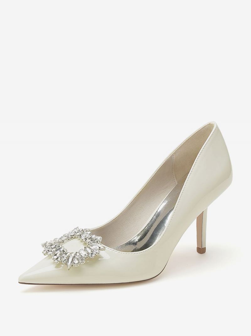 Bryllupssko For Kvinner Brude Pumps Patent Pu Øvre Spiss Tå Rhinestones Med Høye Hæler - Beige