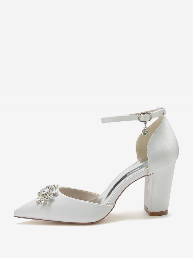 Bryllupssko For Kvinner Brude Pumps Silke Og Sateng Spiss Rhinestones - Hvit