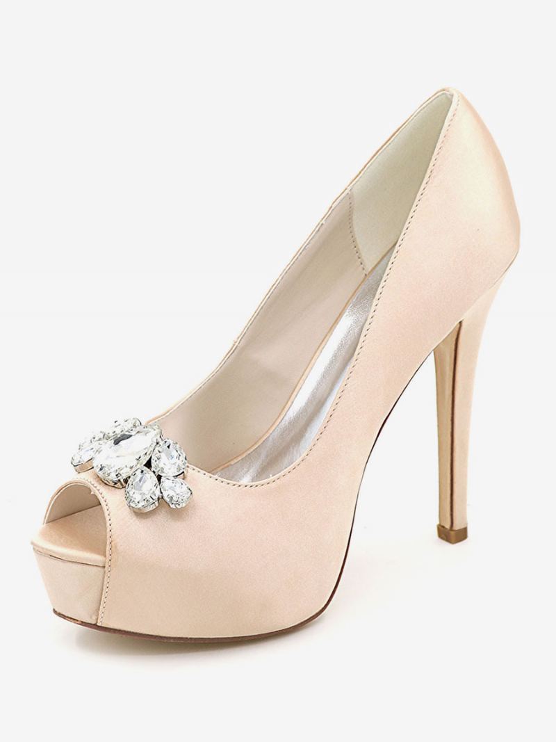 Bryllupssko For Kvinner Peep Toe Stiletto Heel Pumps I Sateng - Champagne