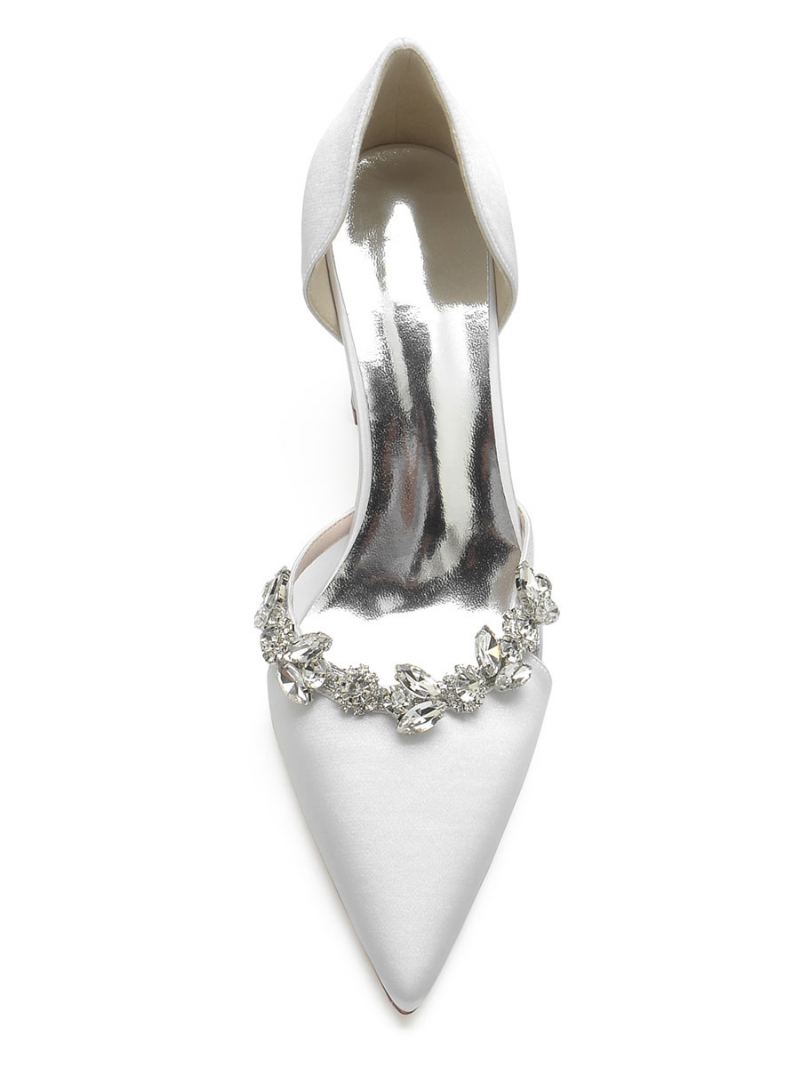 Bryllupssko For Kvinner Rhinestones Dorsay Chunky Heel Pumps I Sateng - Hvit