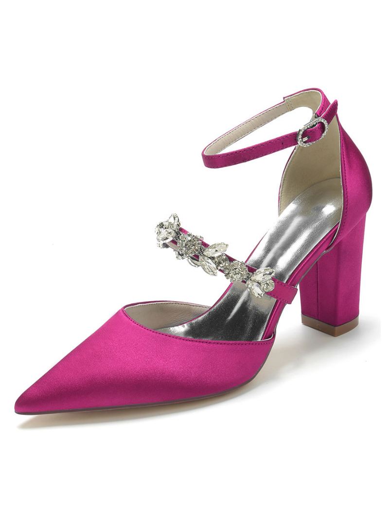 Bryllupssko For Kvinner Rhinestones Satin Spiss Tå Chunky Heel Brudesko - Rose