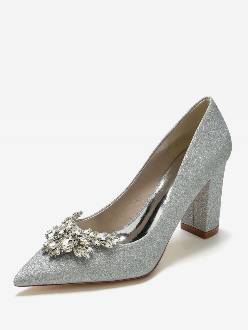 Bryllupssko For Kvinner Rhinestones Spiss Tå Chunky Heel Brudesko - Sølv