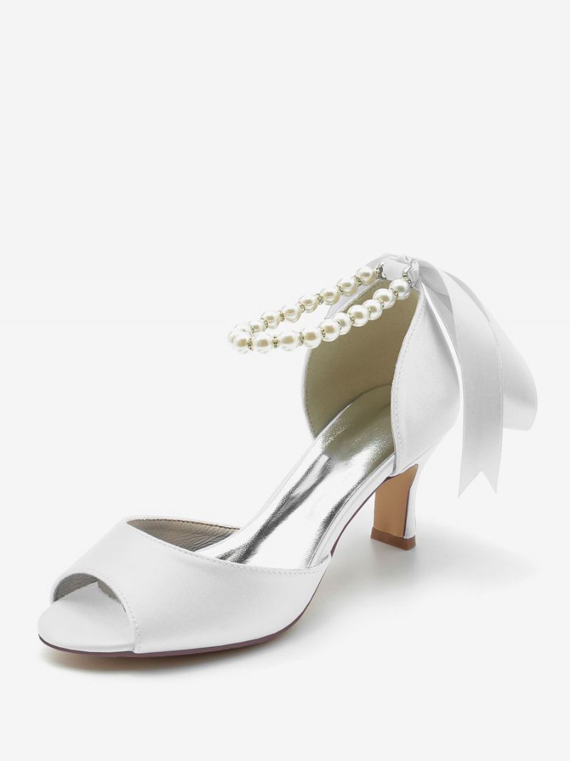 Bryllupssko For Kvinner Satin White Pearls Peep Toe Bow Ankelstropp Pumps