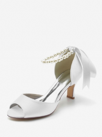 Bryllupssko For Kvinner Satin White Pearls Peep Toe Bow Ankelstropp Pumps