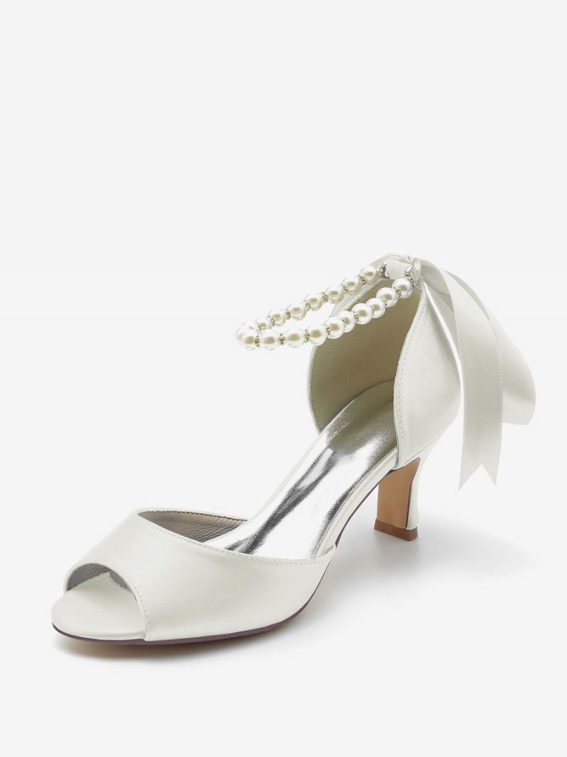 Bryllupssko For Kvinner Satin White Pearls Peep Toe Bow Ankelstropp Pumps - Elfenben