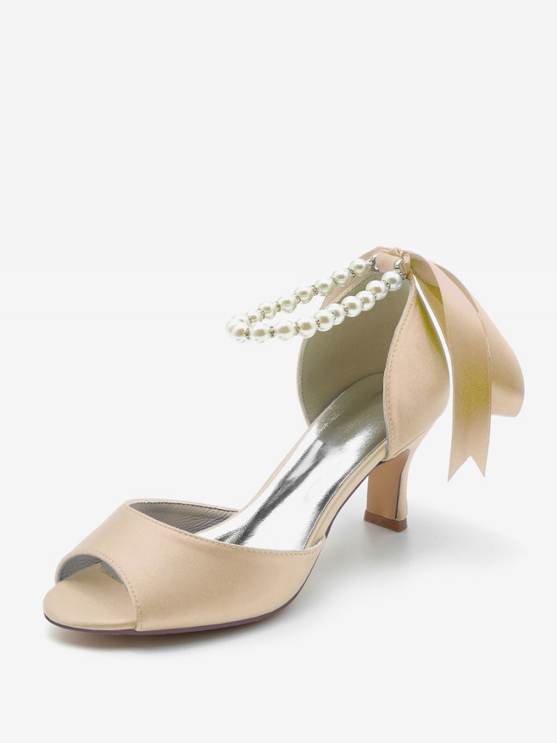 Bryllupssko For Kvinner Satin White Pearls Peep Toe Bow Ankelstropp Pumps - Champagne