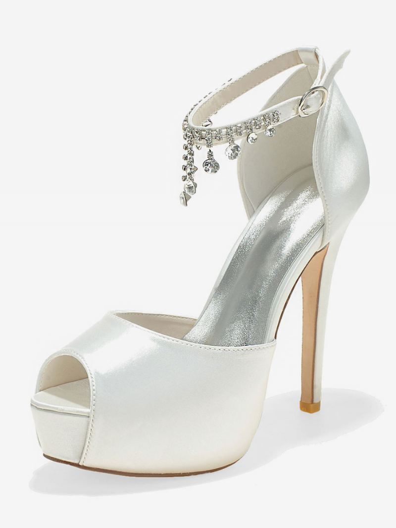 Dame Ankelstropp Plattform Bridal Pumps Peep Toe Stiletthæler I Sateng