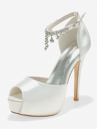 Dame Ankelstropp Plattform Bridal Pumps Peep Toe Stiletthæler I Sateng