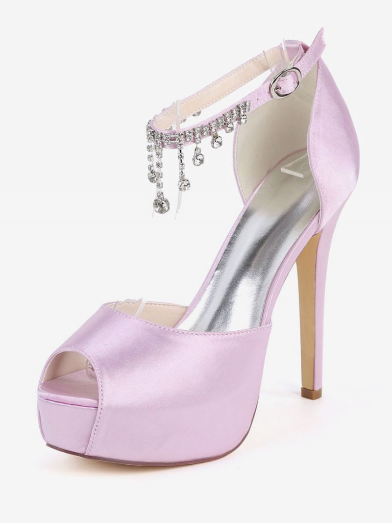 Dame Ankelstropp Plattform Bridal Pumps Peep Toe Stiletthæler I Sateng - Lyserosa