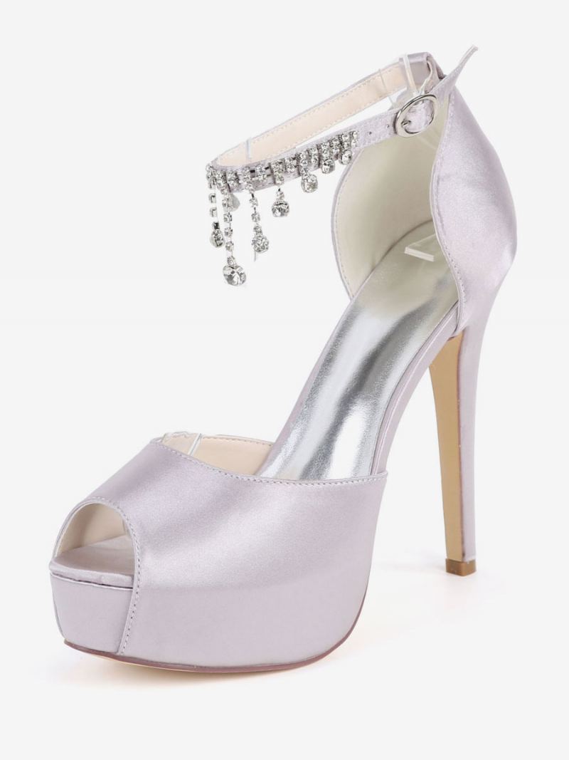 Dame Ankelstropp Plattform Bridal Pumps Peep Toe Stiletthæler I Sateng - Lysegrå