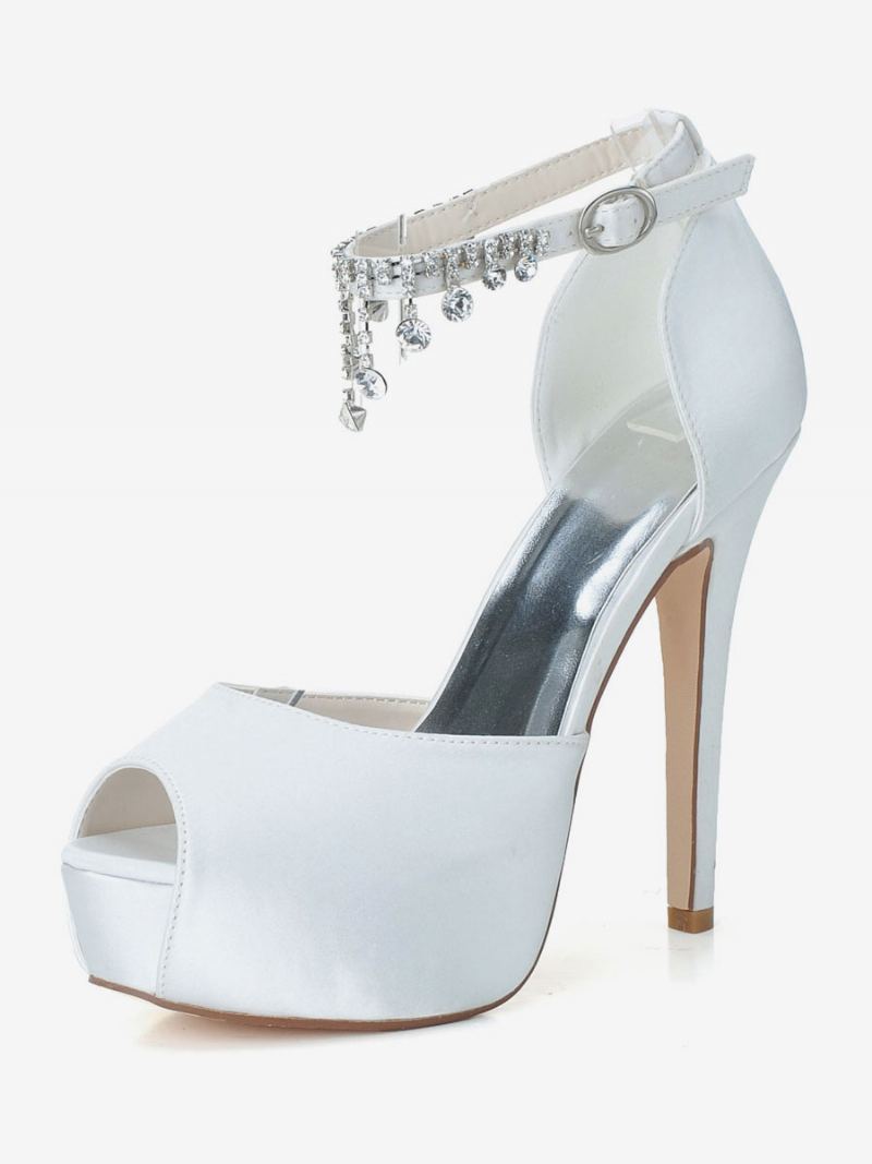 Dame Ankelstropp Plattform Bridal Pumps Peep Toe Stiletthæler I Sateng - Hvit