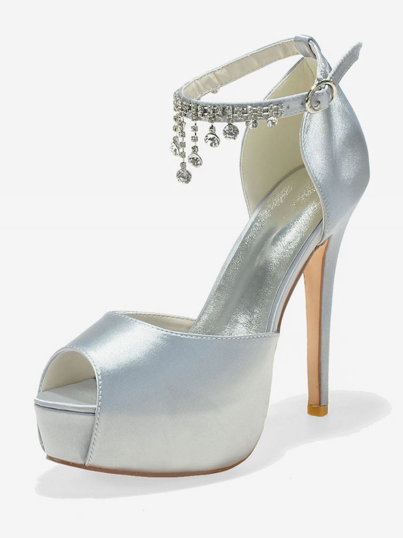 Dame Ankelstropp Plattform Bridal Pumps Peep Toe Stiletthæler I Sateng - Sølv