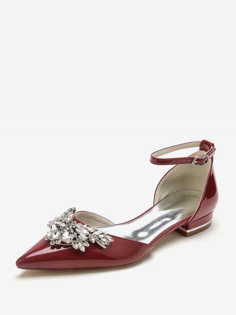 Dame Brudesko Brude Flats Patent Pu Øvre Spiss Tå Rhinestones - Burgund