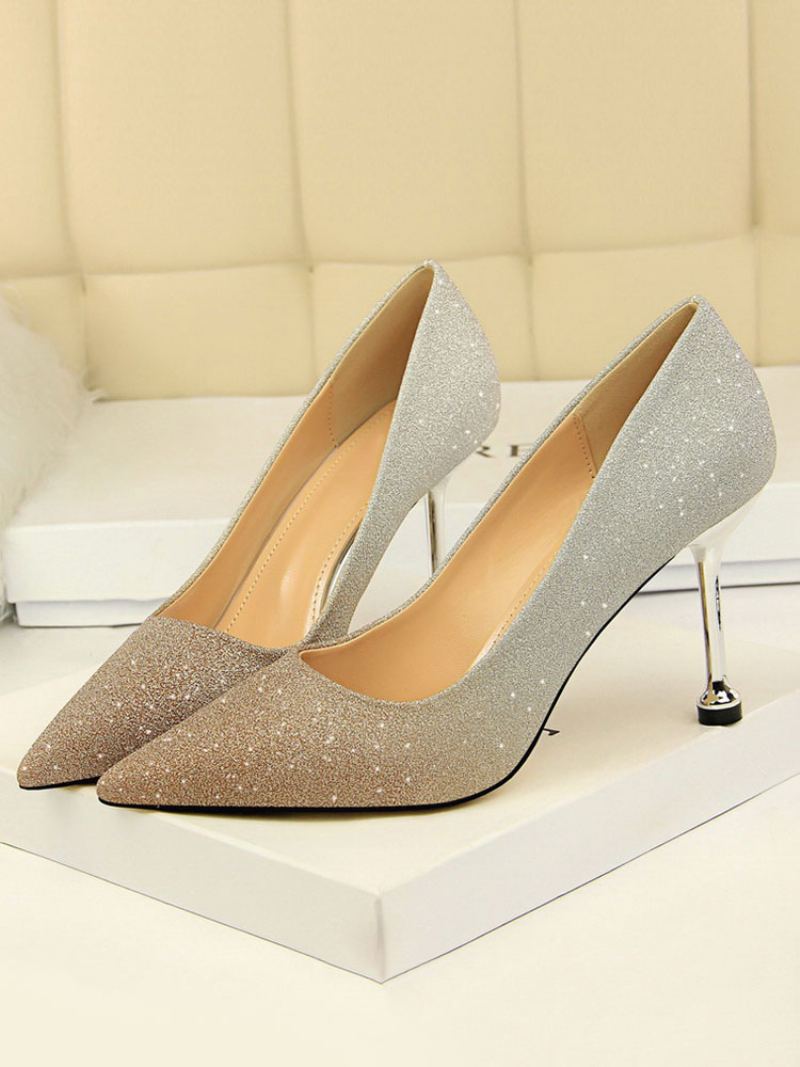 Dame Glitter Stiletto Heel Pumps Evening Prom Sko - Gull