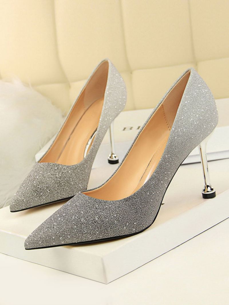 Dame Glitter Stiletto Heel Pumps Evening Prom Sko - Sølv