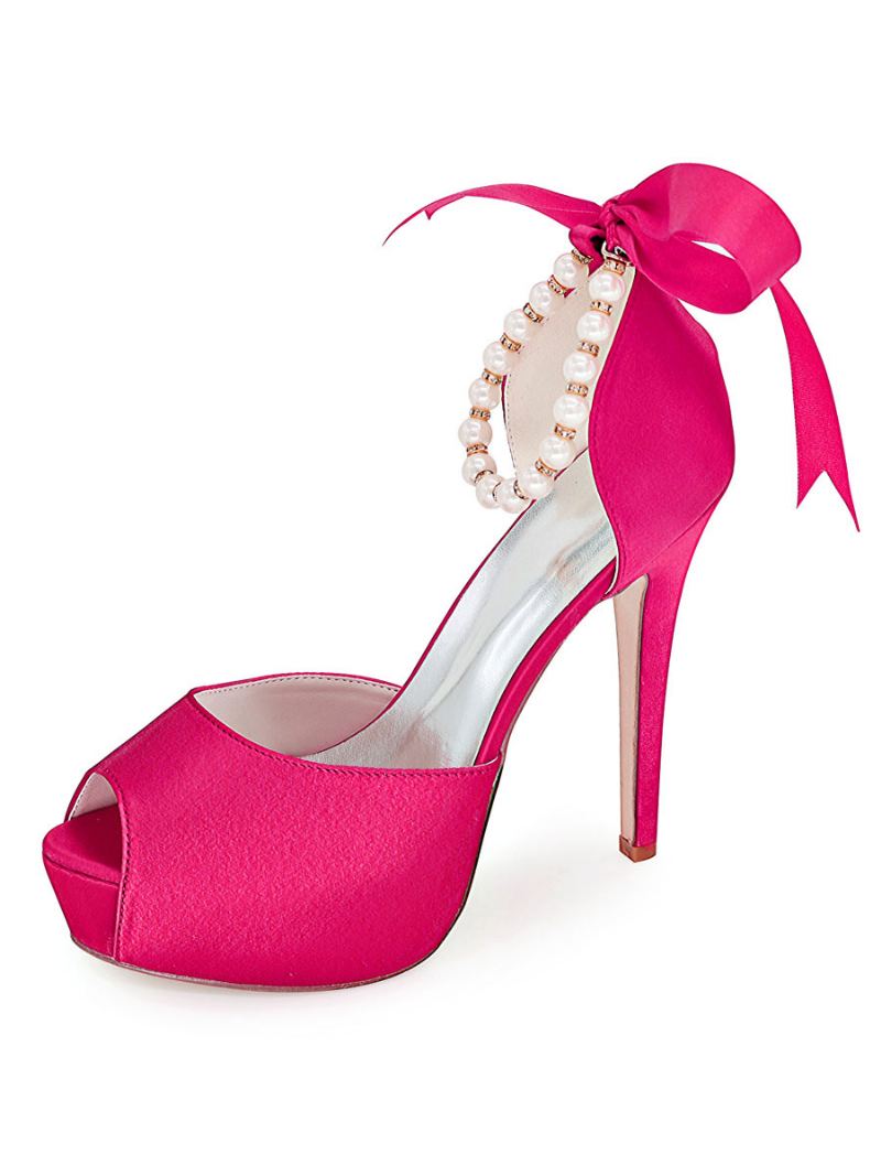 Dame Pearls Lace Up Plattformsko Peep Toe Heeled Brude Pumps - Rose