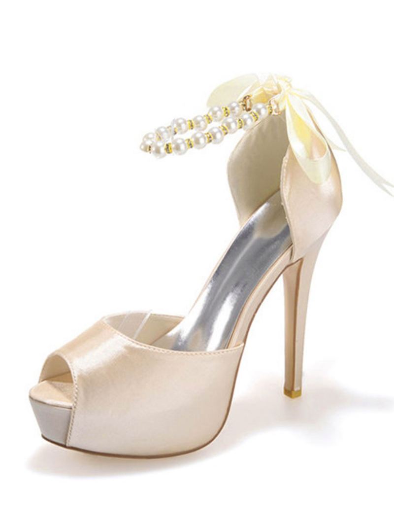 Dame Pearls Lace Up Plattformsko Peep Toe Heeled Brude Pumps - Champagne