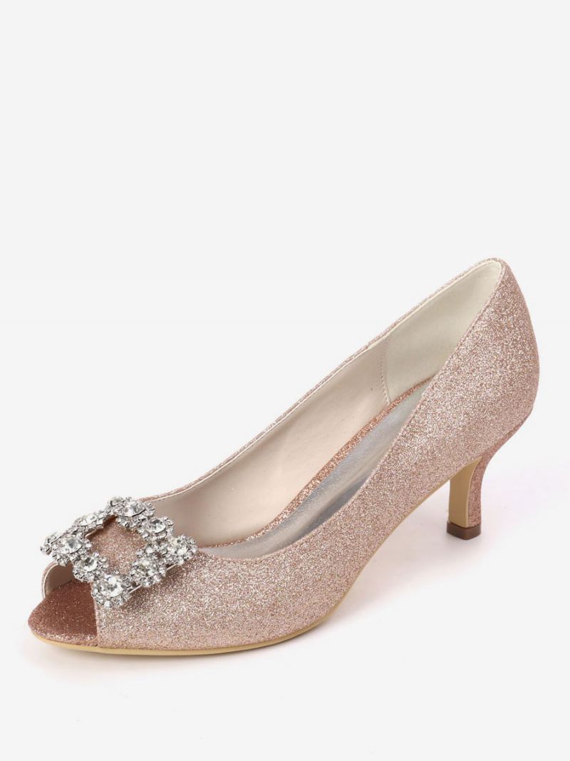 Dame Rhinestone Glitter Kattunge Hæl Brude Pumps Peep Toe