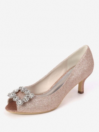 Dame Rhinestone Glitter Kattunge Hæl Brude Pumps Peep Toe