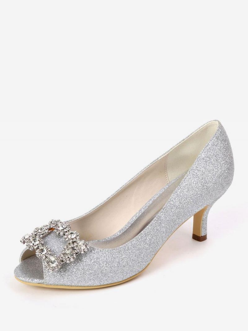 Dame Rhinestone Glitter Kattunge Hæl Brude Pumps Peep Toe - Hvit