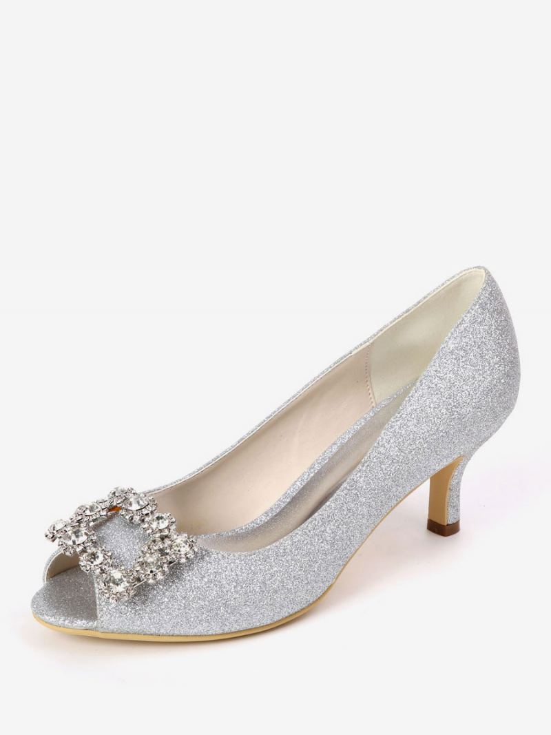 Dame Rhinestone Glitter Kattunge Hæl Brude Pumps Peep Toe - Sølv