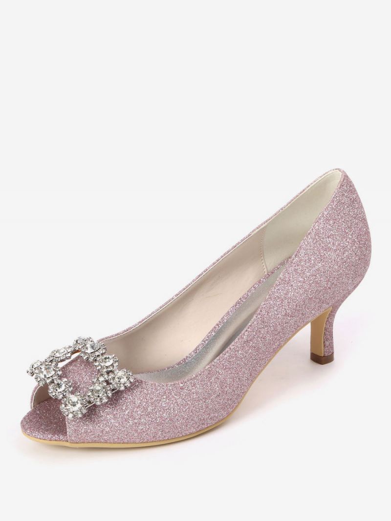 Dame Rhinestone Glitter Kattunge Hæl Brude Pumps Peep Toe - Fuchsia Rosa