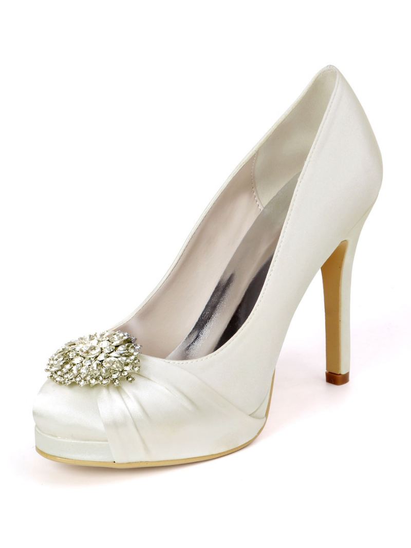 Dame Rhinestone Plattformsko Brudesko Heelded Pumps I Sateng - Elfenben