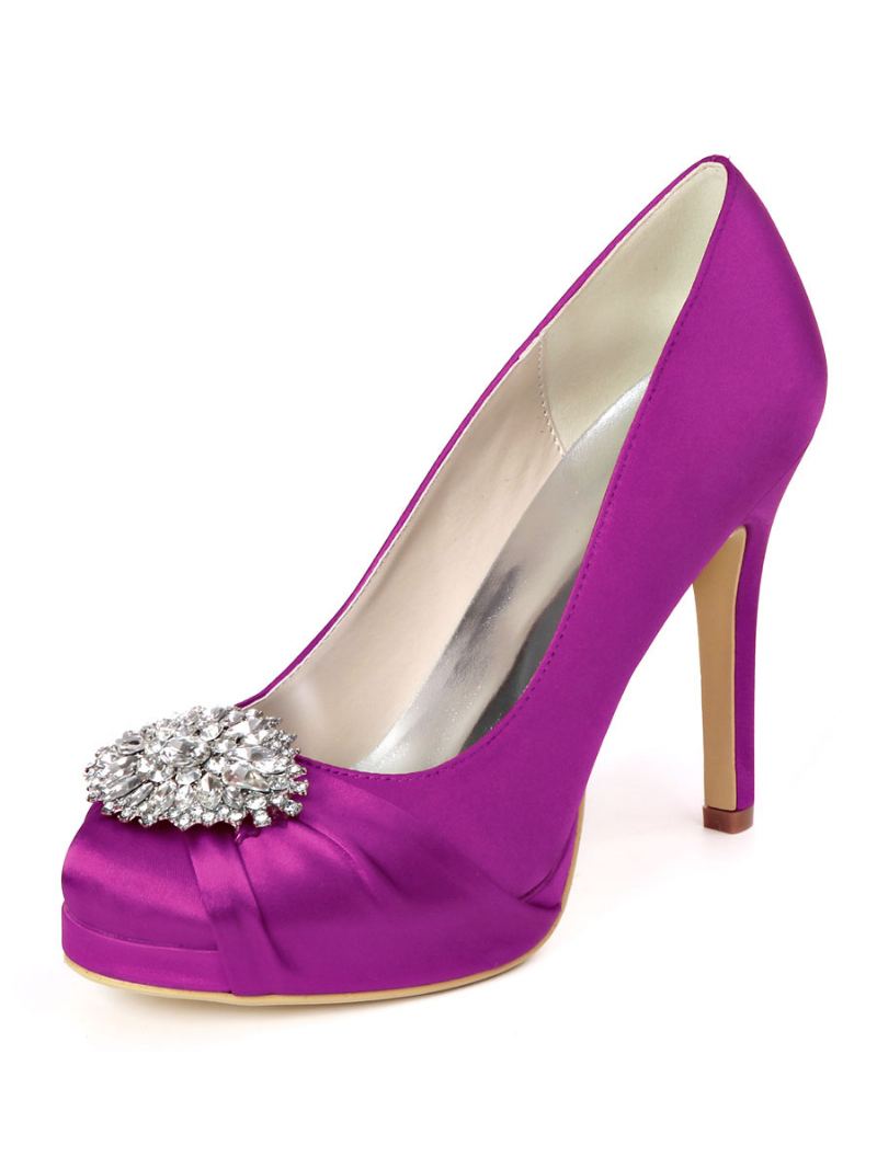 Dame Rhinestone Plattformsko Brudesko Heelded Pumps I Sateng - Lilla