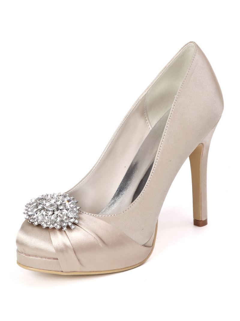 Dame Rhinestone Plattformsko Brudesko Heelded Pumps I Sateng - Champagne