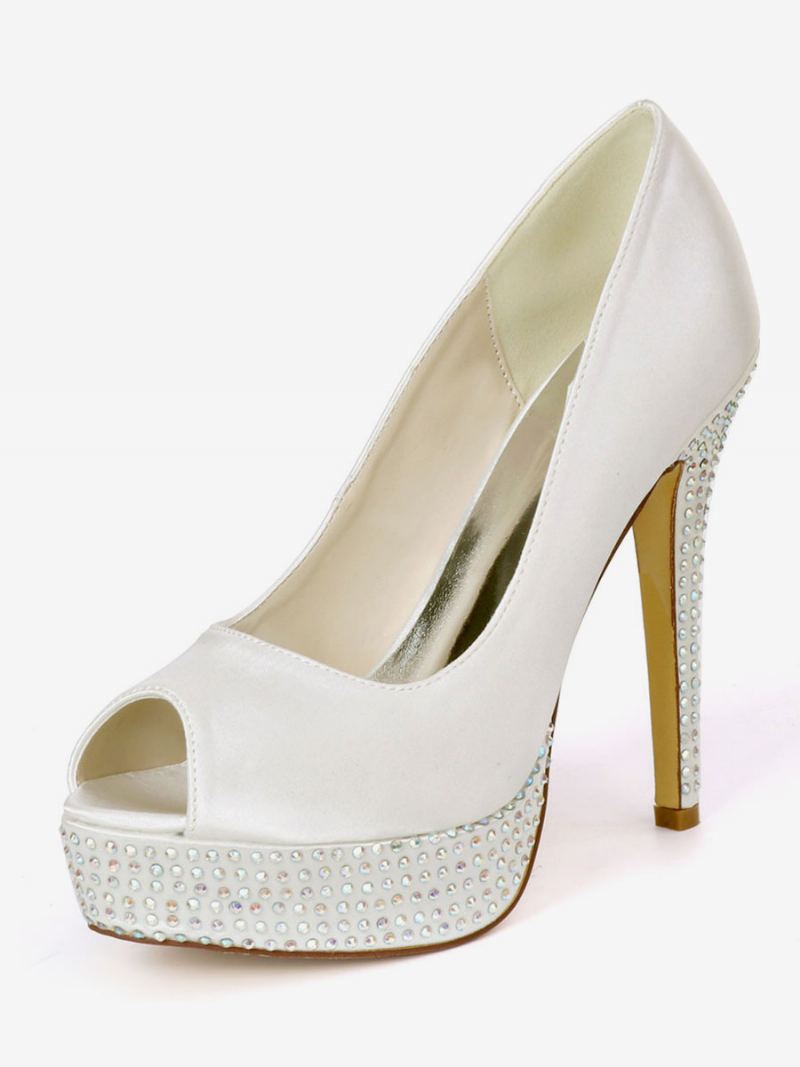 Dame Rhinestone Plattformsko Peep Toe Brude Pumps - Elfenben