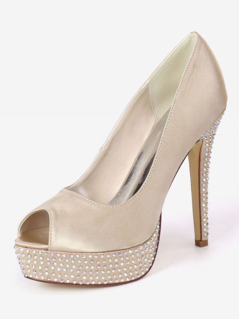 Dame Rhinestone Plattformsko Peep Toe Brude Pumps - Champagne