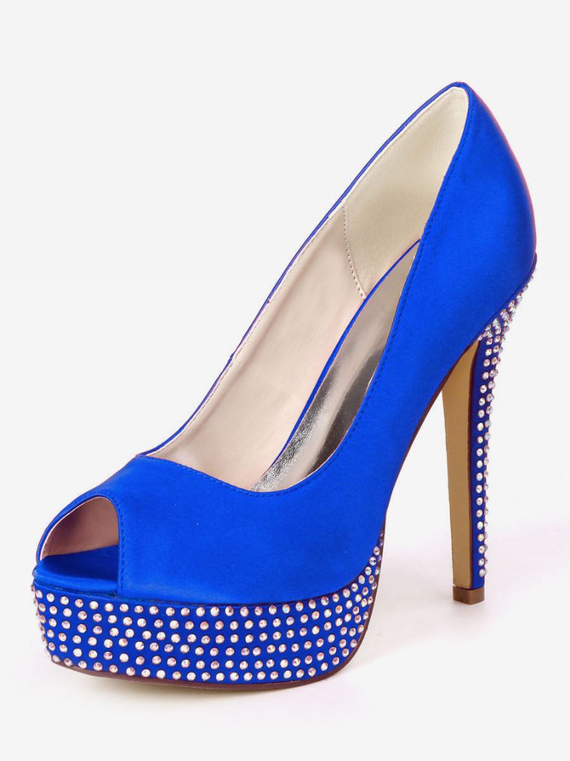 Dame Rhinestone Plattformsko Peep Toe Brude Pumps - Kongeblå