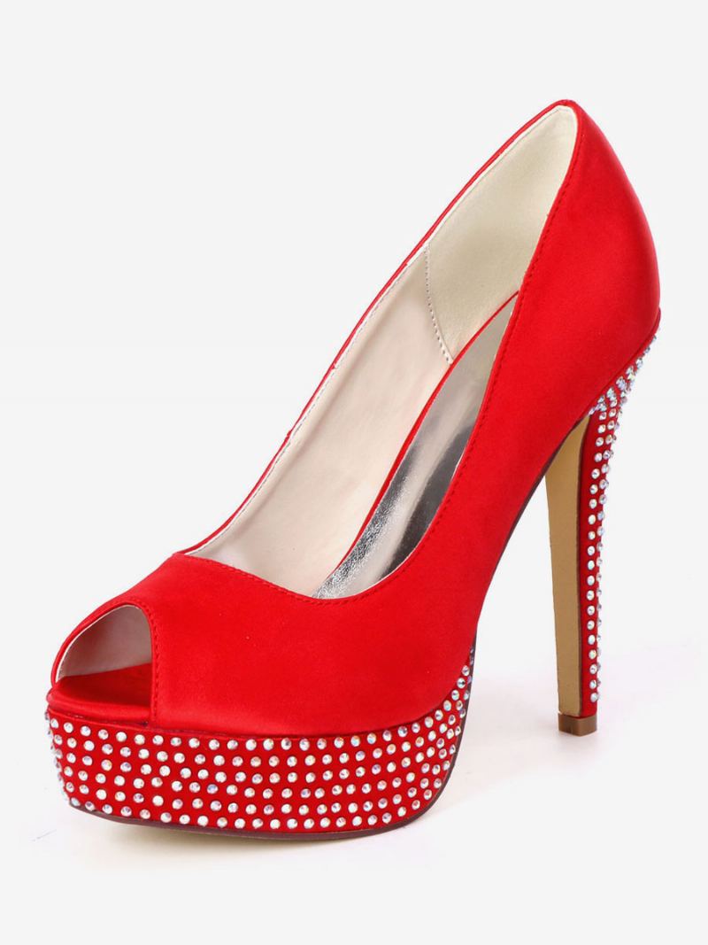 Dame Rhinestone Plattformsko Peep Toe Brude Pumps - Ture Rød