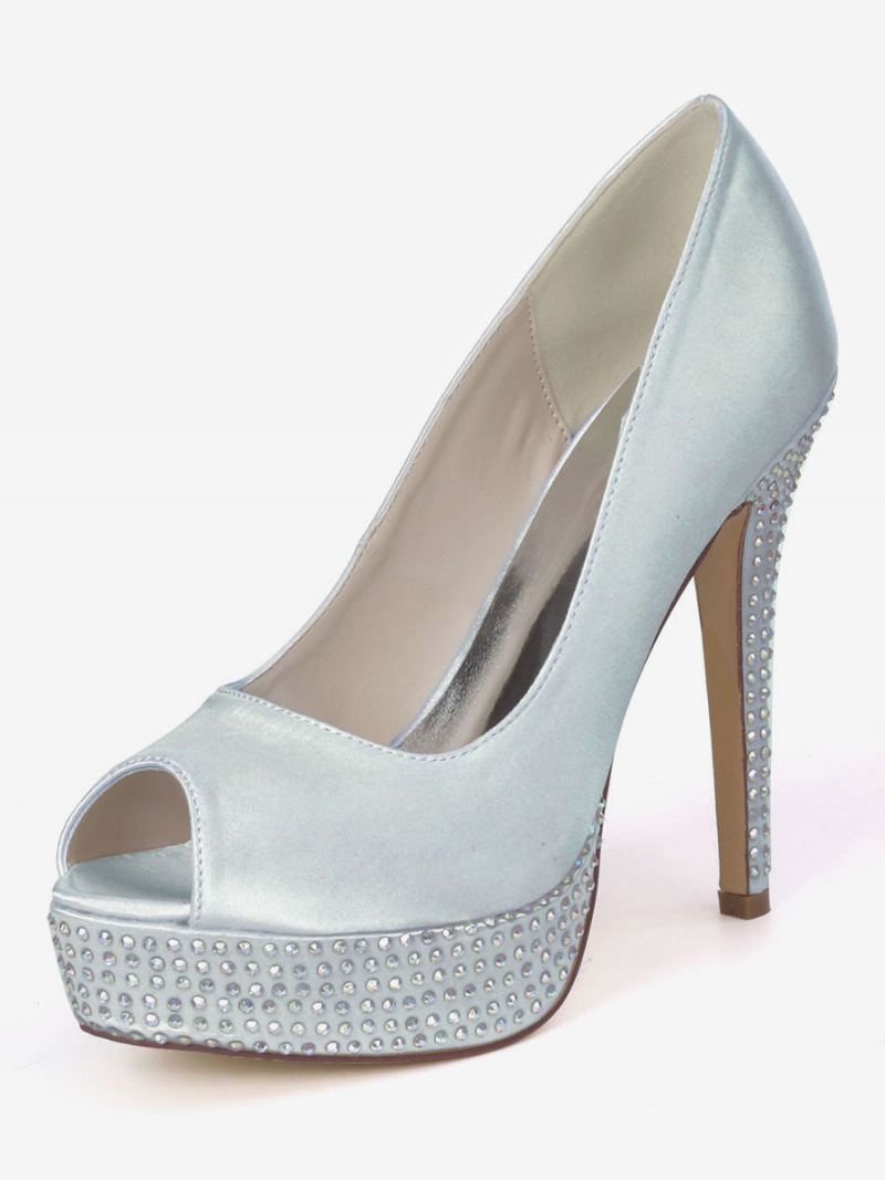 Dame Rhinestone Plattformsko Peep Toe Brude Pumps - Sølv