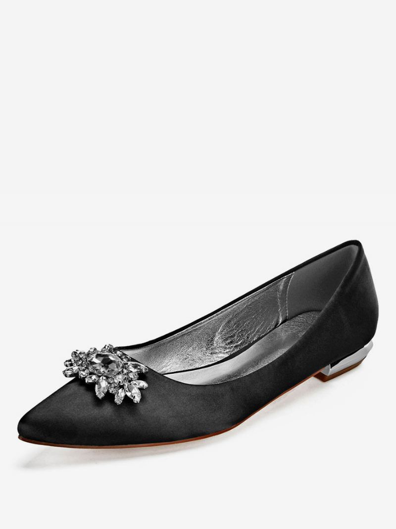 Dame Rhinestone Satin Wedding Flats - Sort