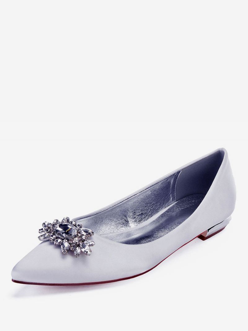 Dame Rhinestone Satin Wedding Flats - Hvit