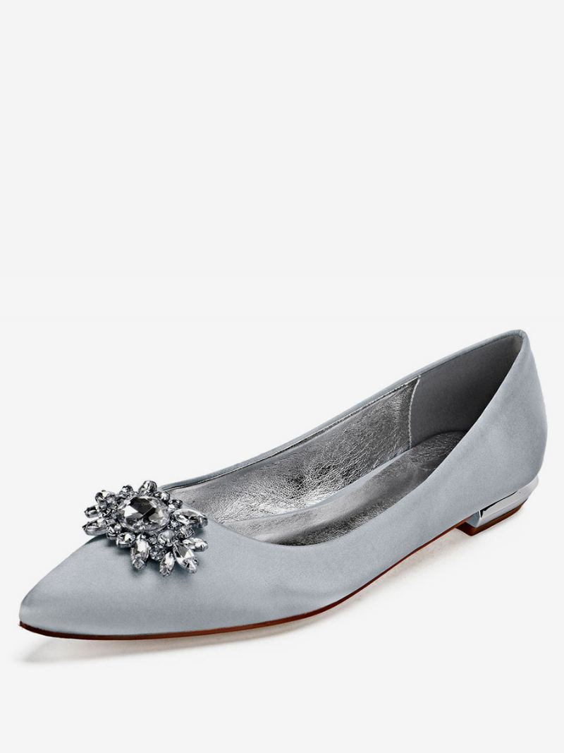 Dame Rhinestone Satin Wedding Flats - Sølv