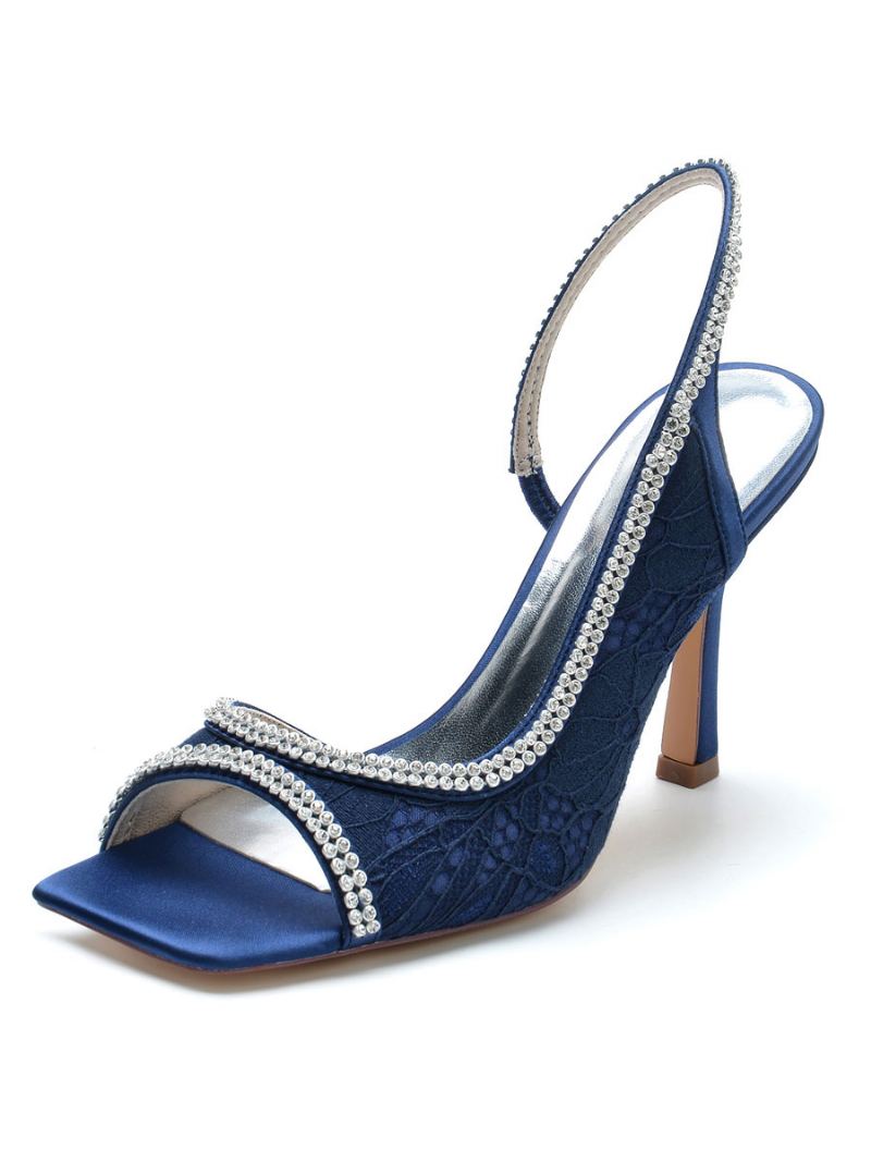 Dame Rhinestones Blonder Slingback Stiletthæl Brudesandaler - Dyp Blå