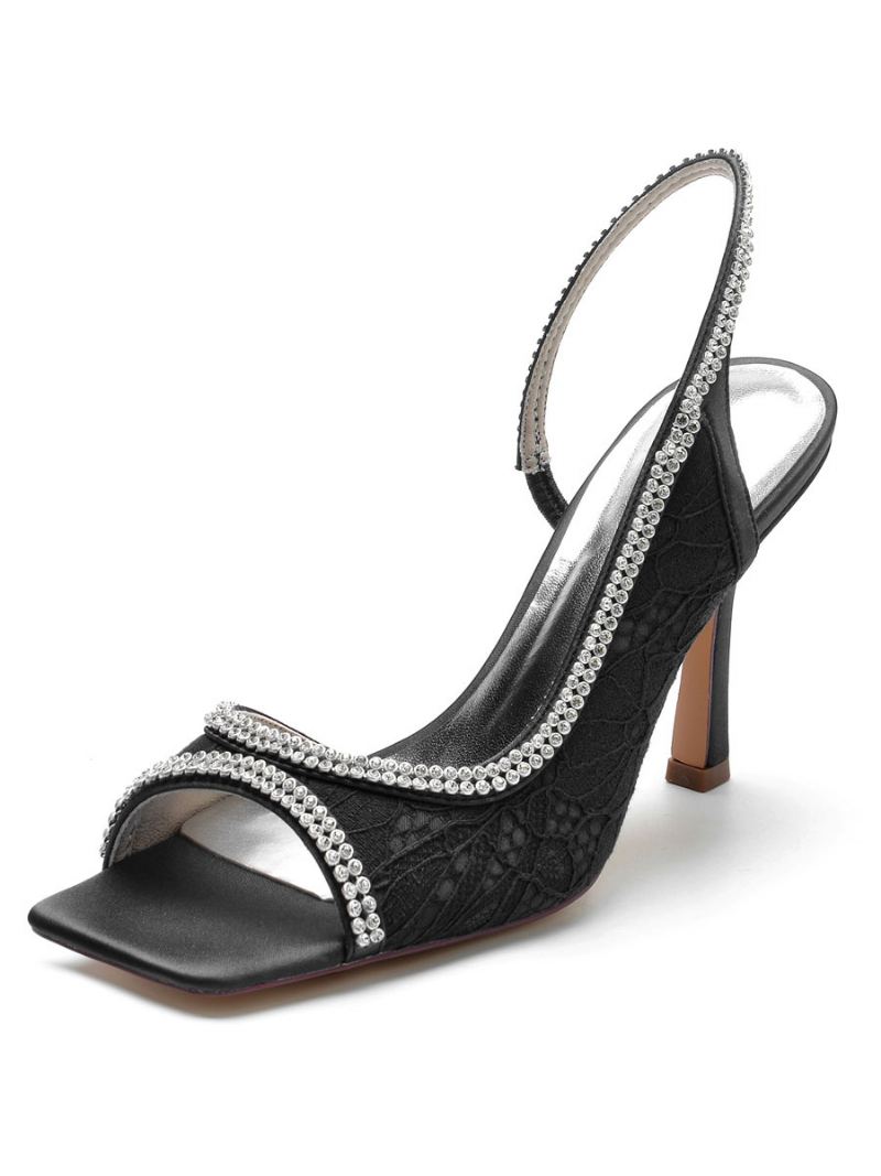 Dame Rhinestones Blonder Slingback Stiletthæl Brudesandaler - Sort