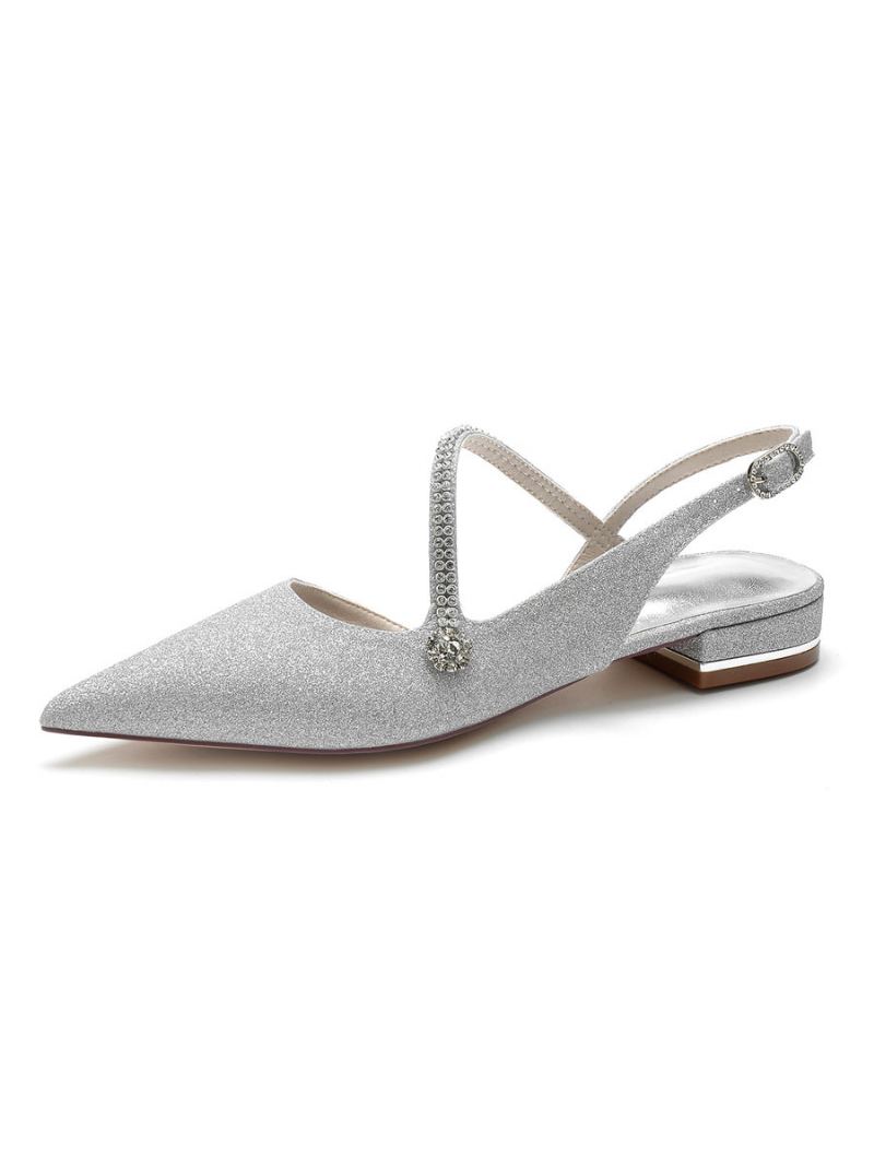 Dame Rhinestones Strap Slingback Bridal Flats - Sølv