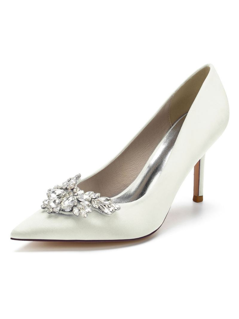 Dame Sateng Rhinestones Stiletthæl Brude Pumps - Elfenben