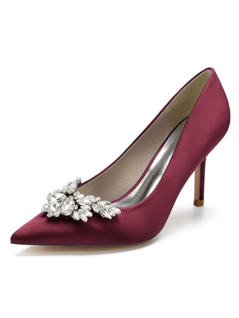 Dame Sateng Rhinestones Stiletthæl Brude Pumps - Burgunder