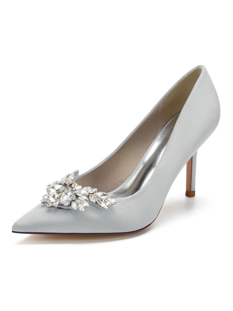 Dame Sateng Rhinestones Stiletthæl Brude Pumps - Sølv