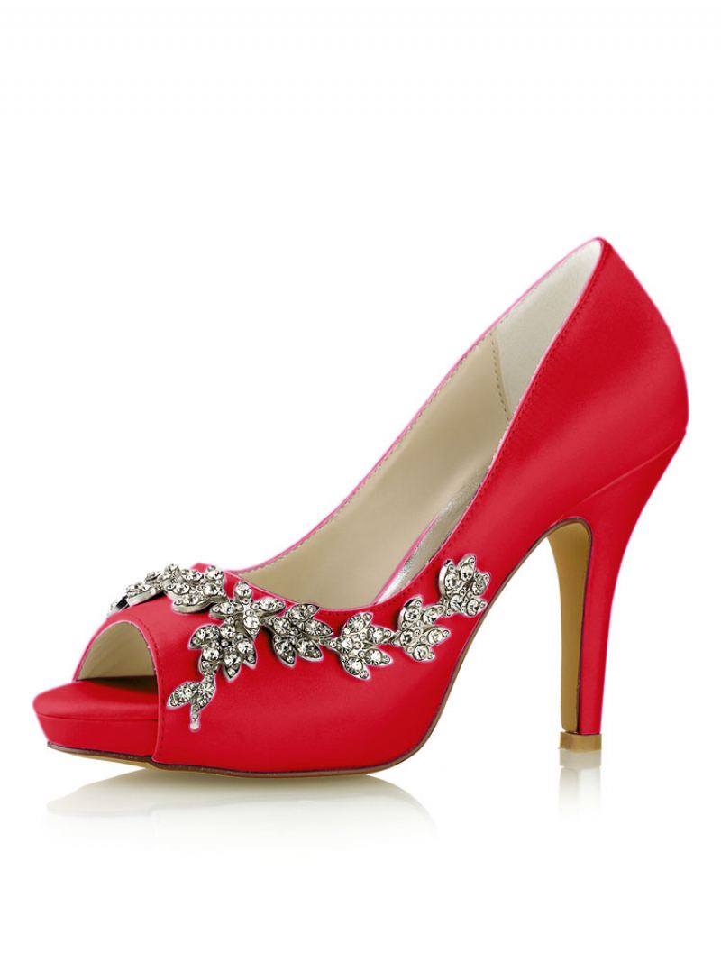 Dame Wedding Pumps Rhinestone Plattformsko Stiletthæler - Rød