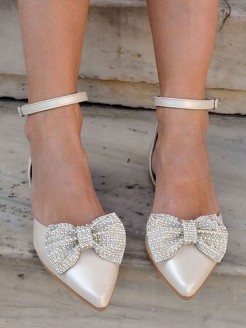 Flate Bryllupssko For Kvinner Med Spiss Rhinestones Buer Ankelstropp Pumps - Beige