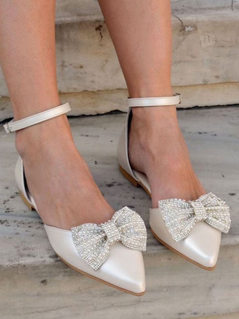 Flate Bryllupssko For Kvinner Med Spiss Rhinestones Buer Ankelstropp Pumps - Beige