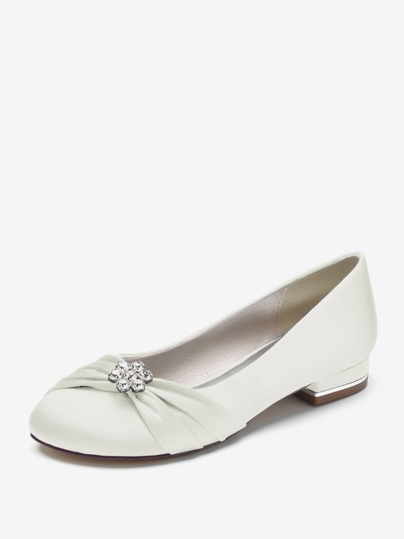 Flate Bryllupssko For Kvinner Sateng Rund Tå Rhinestones Flat Mother Of The Bride Sko - Elfenben