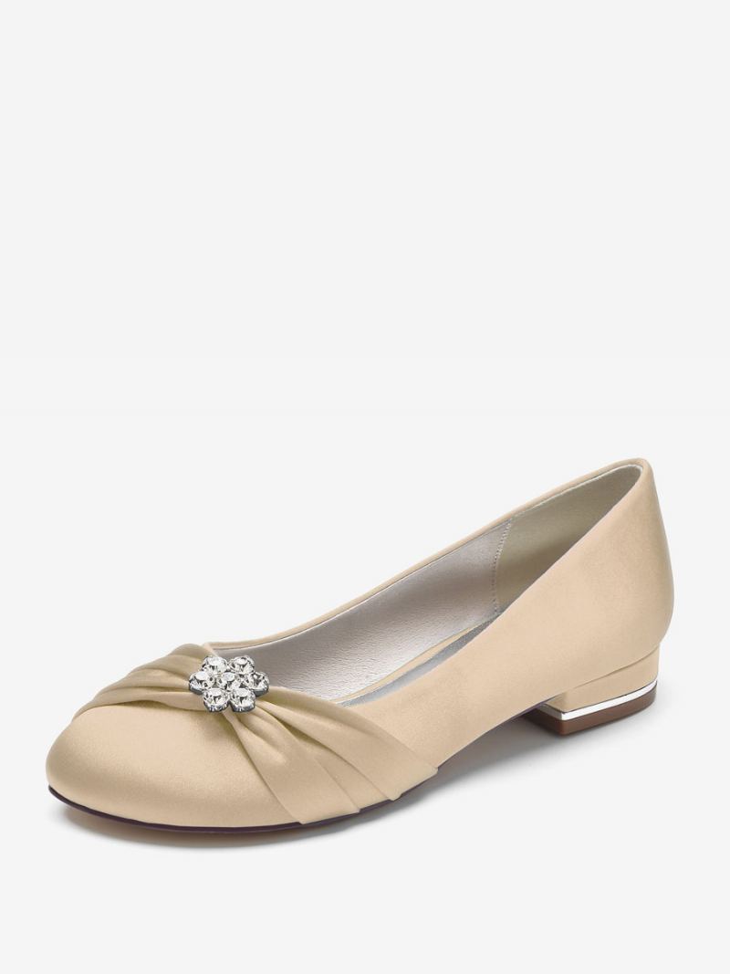 Flate Bryllupssko For Kvinner Sateng Rund Tå Rhinestones Flat Mother Of The Bride Sko - Champagne